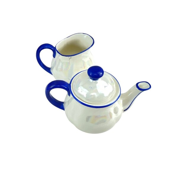 Vintage Lusterware Teapot and Creamer Set Iridescent White Cobalt Blue Trim Cera - Picture 2 of 6